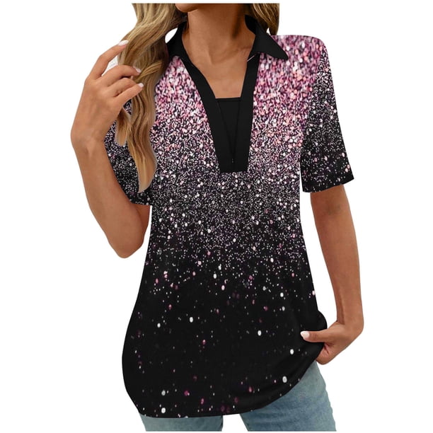 Tops Cortos para las Mujeres Blusas Impresas Manga Corta Turndown Collar Camiseta, Tops de Blusa para las Mujeres Casual