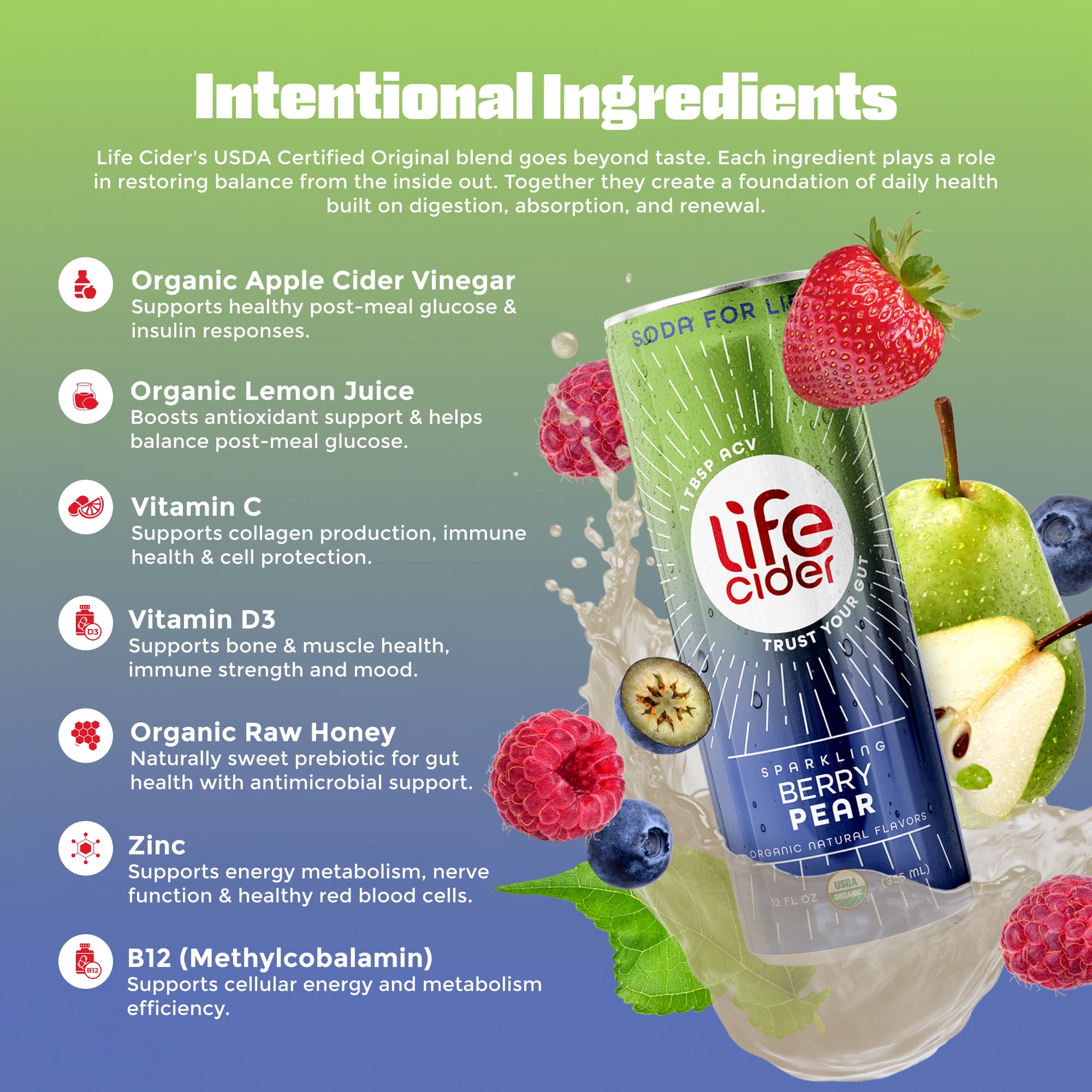 Life Cider Sparkling Apple Cider Vinegar Drink, Berry Pear, Gut Balance, 12 Pack, 12 fl oz Aluminum Can