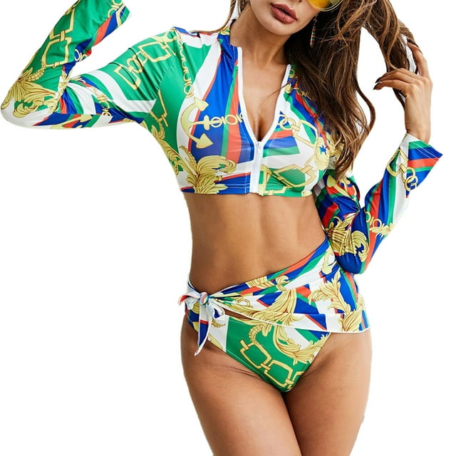 Conjunto de traje de baño Nikou 3 piezas cuello alto estampado ajustado manga larga color verde L