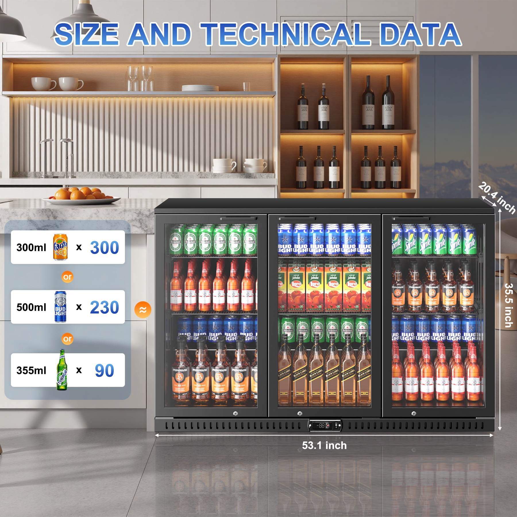 Amerikit  Back Bar Cooler with 3 Glass Doors, 12.4 cu.ft Under Counter Height Beverage Refrigerator for Beer, Wine, Soda, Drinks, ETL Approved