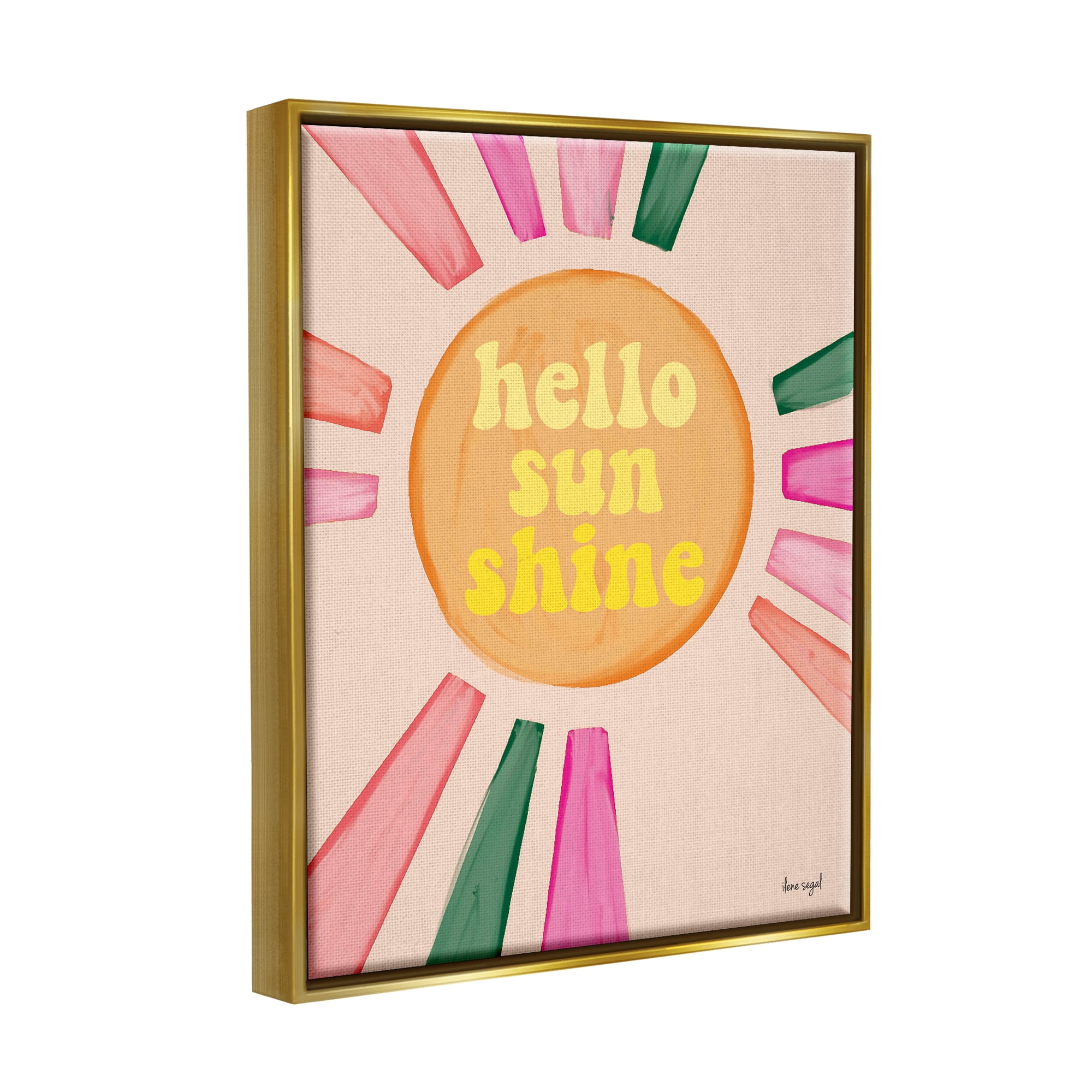 Stupell Industries Hello Sunshine Groovy Text Pink Green Sun Rays Graphic Art Metallic Gold Floating Framed Canvas Print Wall Art, Design by Ilene Segal