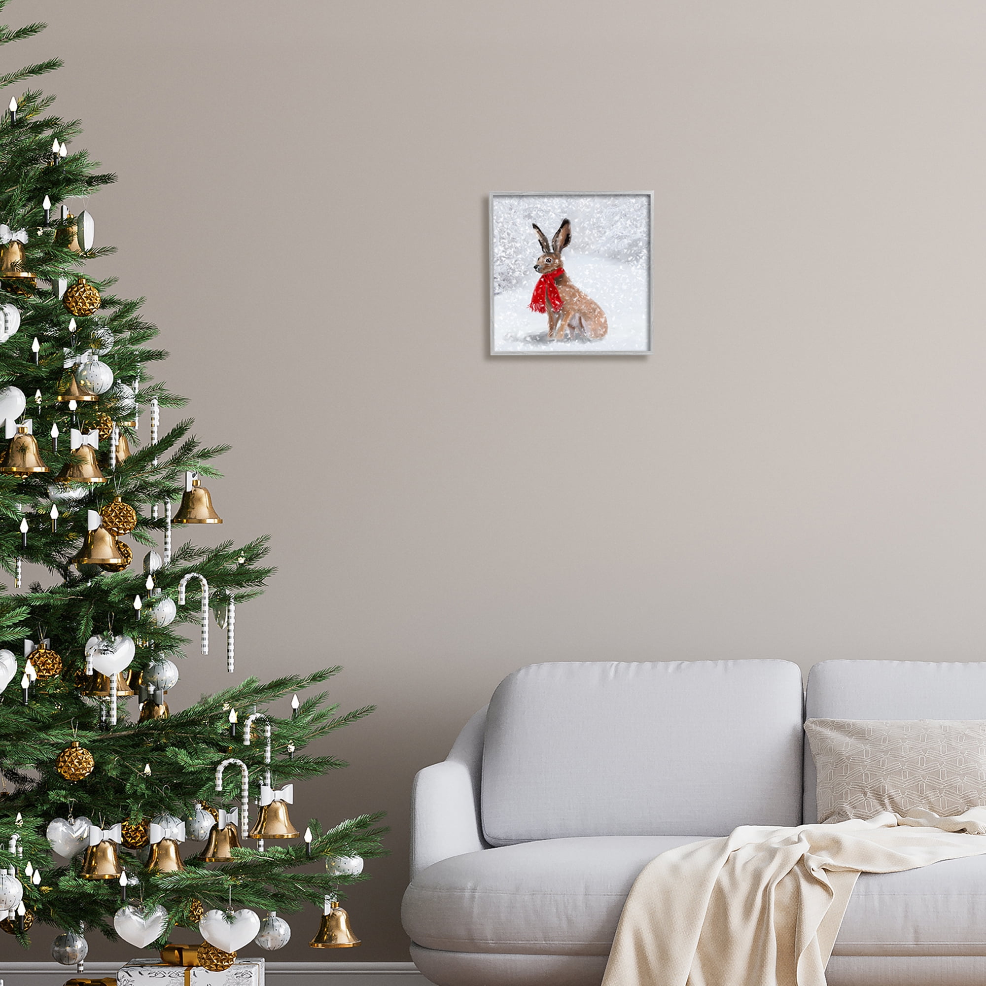 Stupell Industries Winter Rabbit Scarf Landscape Holiday Painting Gray Framed Art Print Wall Art