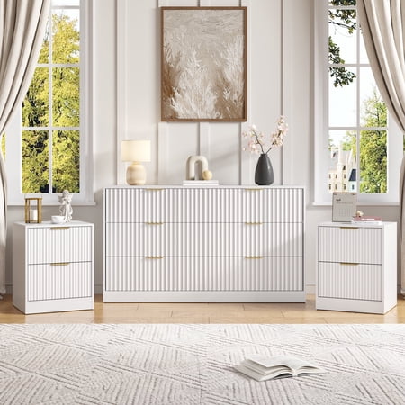 YouTrend 3-Piece Modern Bedroom Set - 6 Drawer Wide Dresser & Nightstands Set of 2 with Fluted Design Anti-Tip Safety White Natural Wood Storage Furniture for Bedroom Hallway
