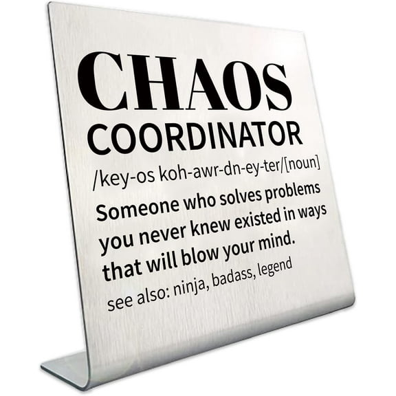 Funny Office Signs Stainless Steel Desk Decor Ornaments Chaos Coordinator Inspirational Table Signs Keepsakes Decoration Friends Employees Colleague 3.9 x 3.9Inch Stainless Steel Color