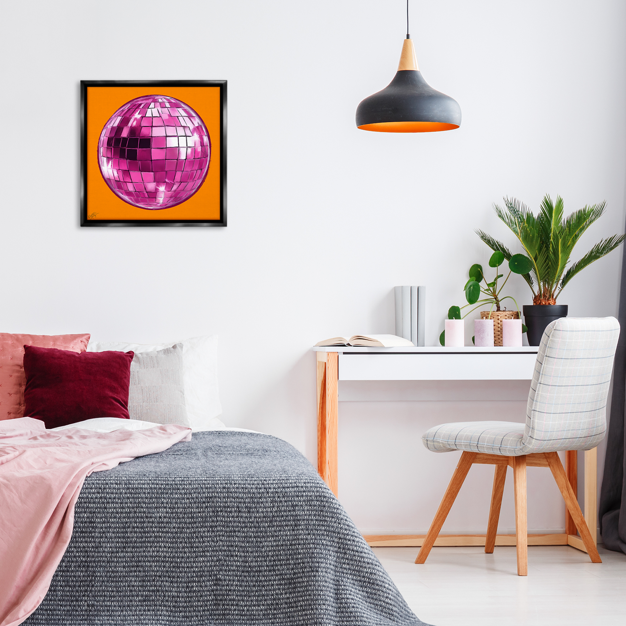 Stupell Industries Disco Ball on Orange Novelty & Humor Painting Black Floater Framed Canvas Art Print Wall Art, 25 x 25
