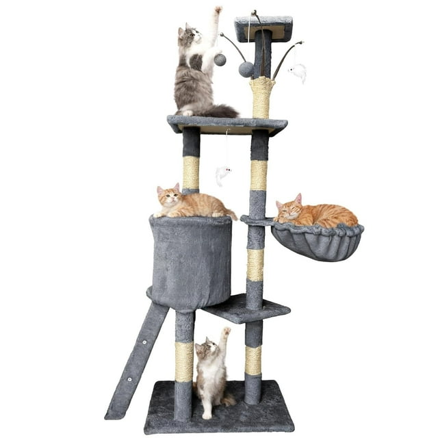 Árbol para Gatos, Torre de Actividades de Varios Niveles, Torre Árbol Rascador para Gatos con Escaleras, Casa para Gatos, Juguete Colgante, Ahorro de Espacio para Gatos Activos Ideal (Gris)