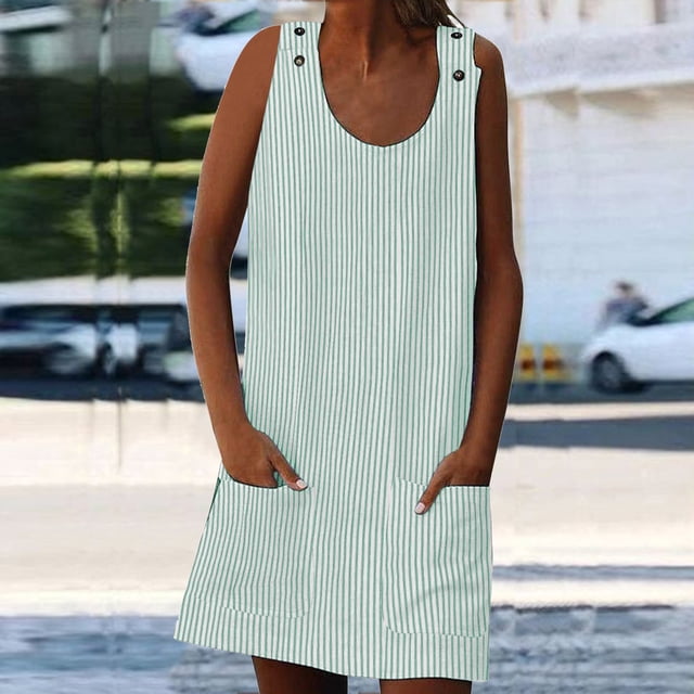 LOVZFMLL Robes Femmes Mode Vacances Été Col Poches Rayé Quotidien Robe d'Été Sans Manches Fête Plage Robe