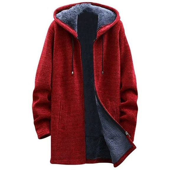 XUNKUSGA Mens Winter Coats Chenille Solid Color Full Zip Mid Length Hooded Jacket Thickened Fleece Lined Warm Windbreaker Winter Coats for Men Loose Casual Comfortable Cardigan Men M-4XL Red