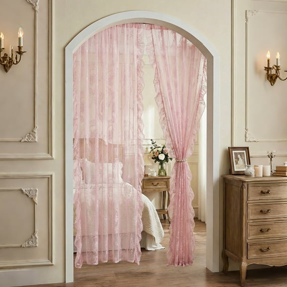 Pink Lace Curtains for Bedroom 2 Panels Set Cute Vintage Curtains Sheer Floral Embroidery Ruffled Window Treatment Rod Pocket,55 X 39 Inch,Pink