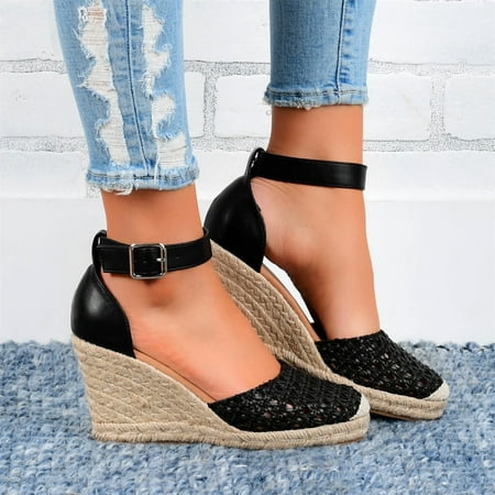 

Fashion Women Summer Buckle Strap Weave Comfortable Wedges Shoes Beach Peep Toe Breathable Sandals