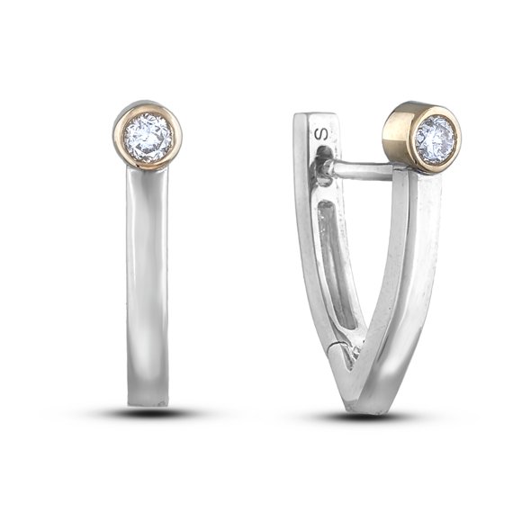 925 Sterling Silver & 10k Yellow Gold Bezel Set 0.10 Cttw Canadian Diamond Solitaire V Shaped Hoop Earrings