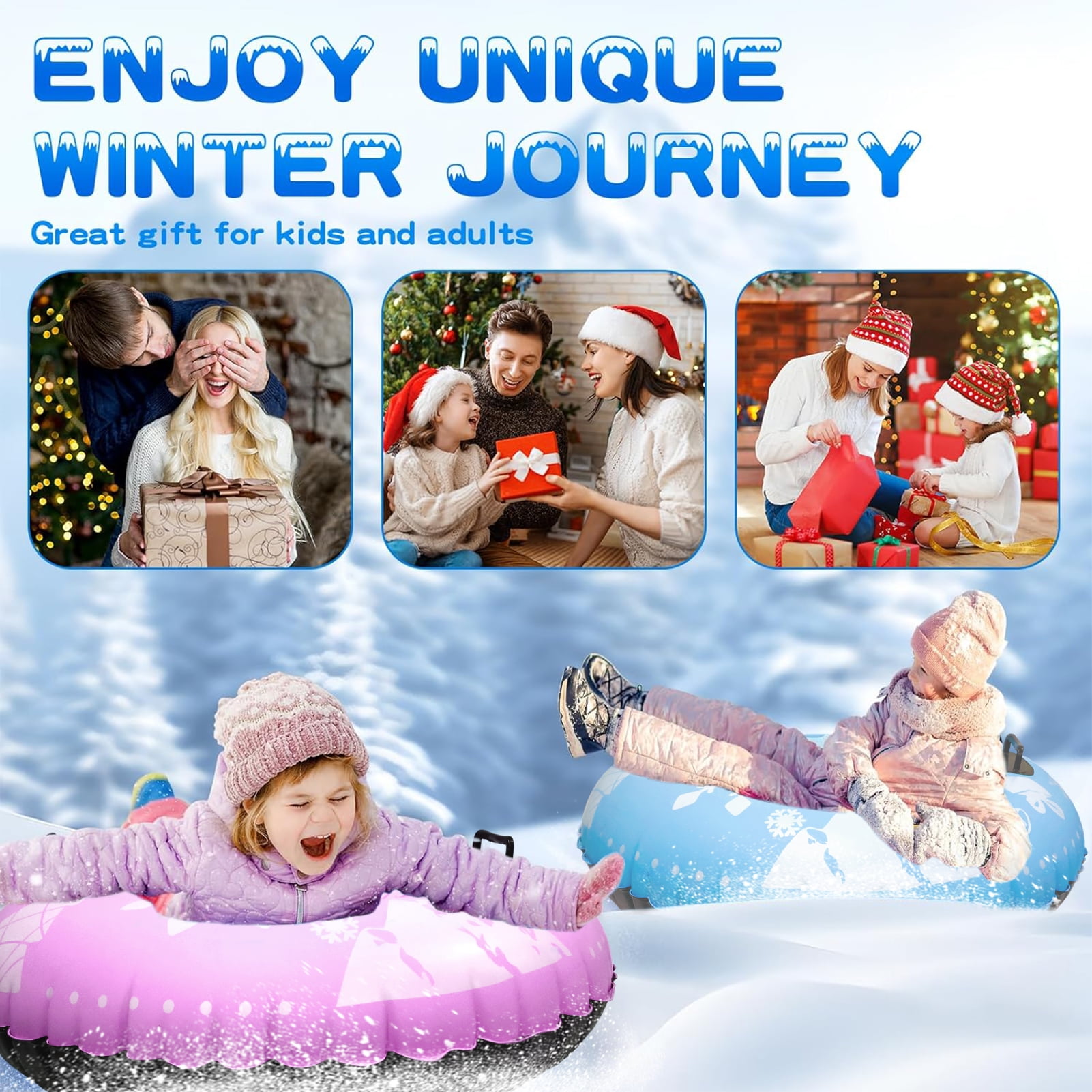GMZW Snow Tube, 2 Packs for The Whole Family Inflatable Snow Sled for Kids and Adult, Thickened Heavy Duty Hard Bottom Sleds for Snow with Handles, Winter Toys for Outdoor Sledding Snow Tube Sports