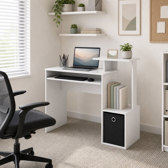 39.5" Computer Desk with Pull-out Keyboard Tray, Home Office Desk with Open Shelf for Apartments, Dorms and Small offices,White