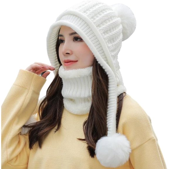 Zhengup Women Winter Beanie Hat Circle Scarf Set Pompoms Peruvian Ski Snow Ear Flaps Sherpa Knit Hats Fleece Lined,S to M Size Head