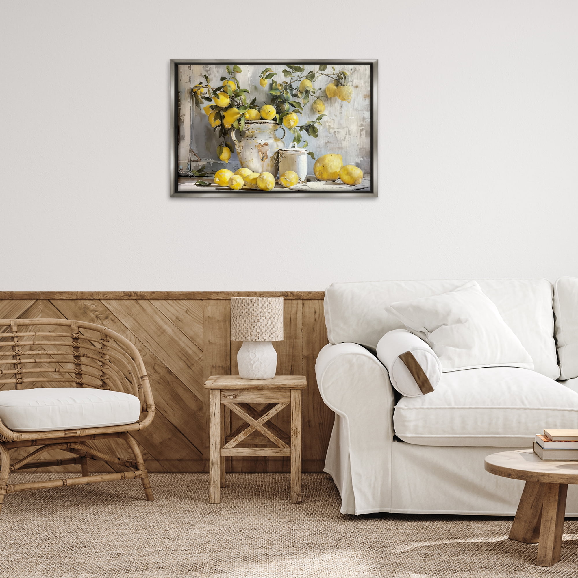 Stupell Industries Lemons & Canisters Still Life Food & Beverage Painting Gray Floater Framed Canvas Art Print Wall Art, 31 x 21