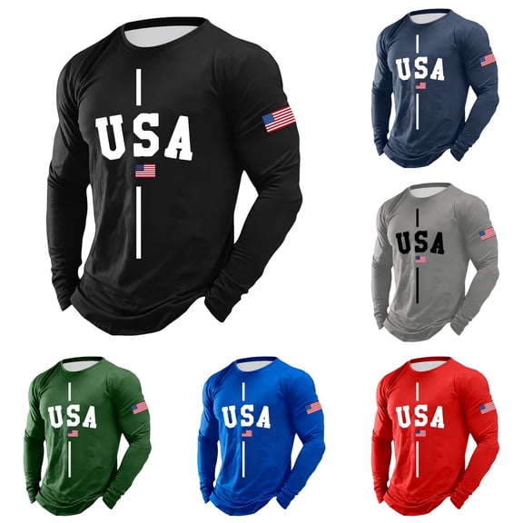 XIAONU Flag Letter Print Long Sleeve T-Shirt for Men Crew Neck Sports Casual Tees Tops