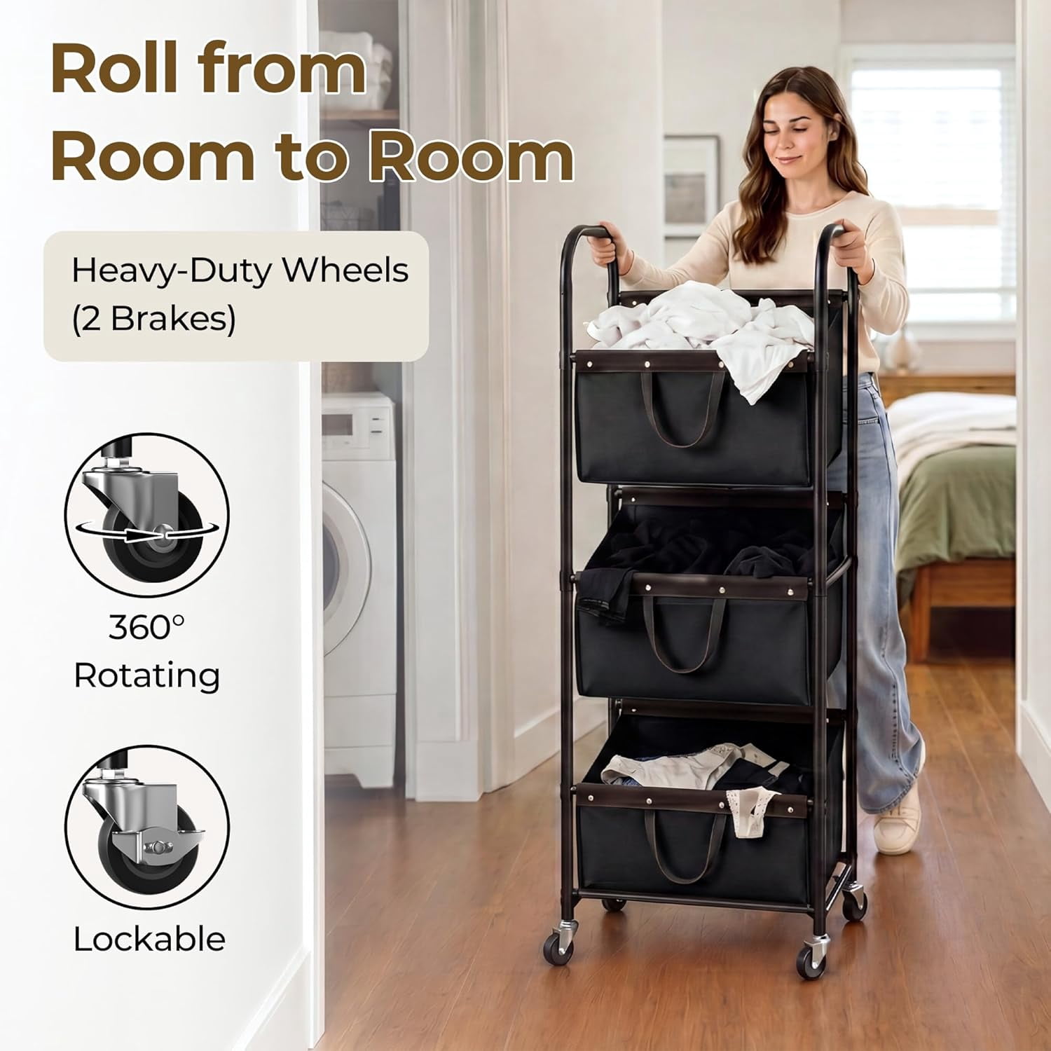 GRANNY SAYS 3-Tier Laundry Hamper Sorter, 3 Section Laundry Basket with Wheels for Laundry Room, Dorm, Bathroom & Closet, Black