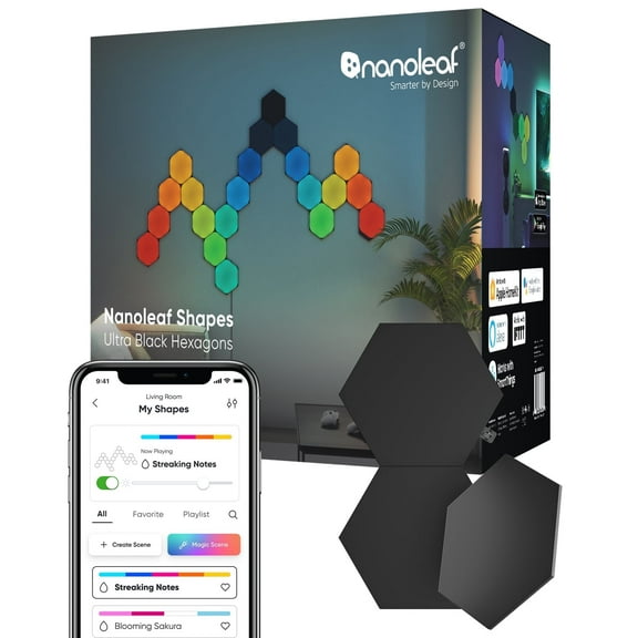 Nanoleaf Shapes Ultra Black Hexagons Expansion Pack, 3pk – LED Wall Panels, Modern Style