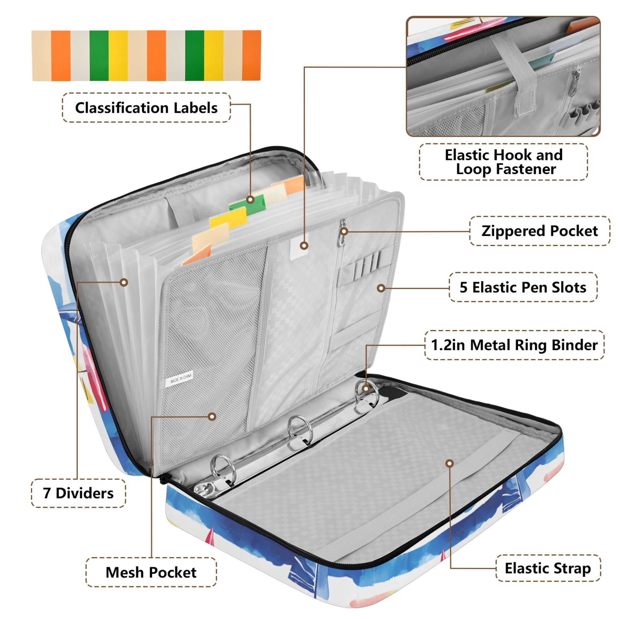 FORMRS Accordion File Folder A4 Size 7-Pocket Expanding Document Organizer Bag with 3 Ring Binder, Red Hand Drawn Sailboats