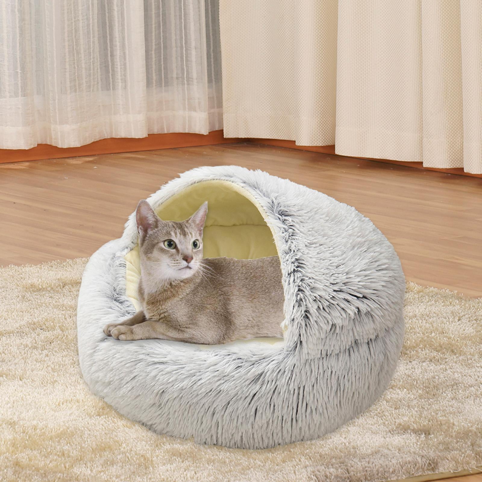 Pet Bed Round Soft Plush Nest Cave Hooded Cat Bed for ,Faux Cuddler Round Comfortable Indoor