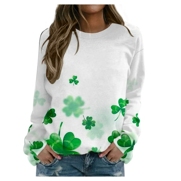 Womens Sweatshirts St. Patrick's Day Clover Graphic Tees Long Sleeve Crewneck Pullover Tshirts Casual Loose Fit Tops