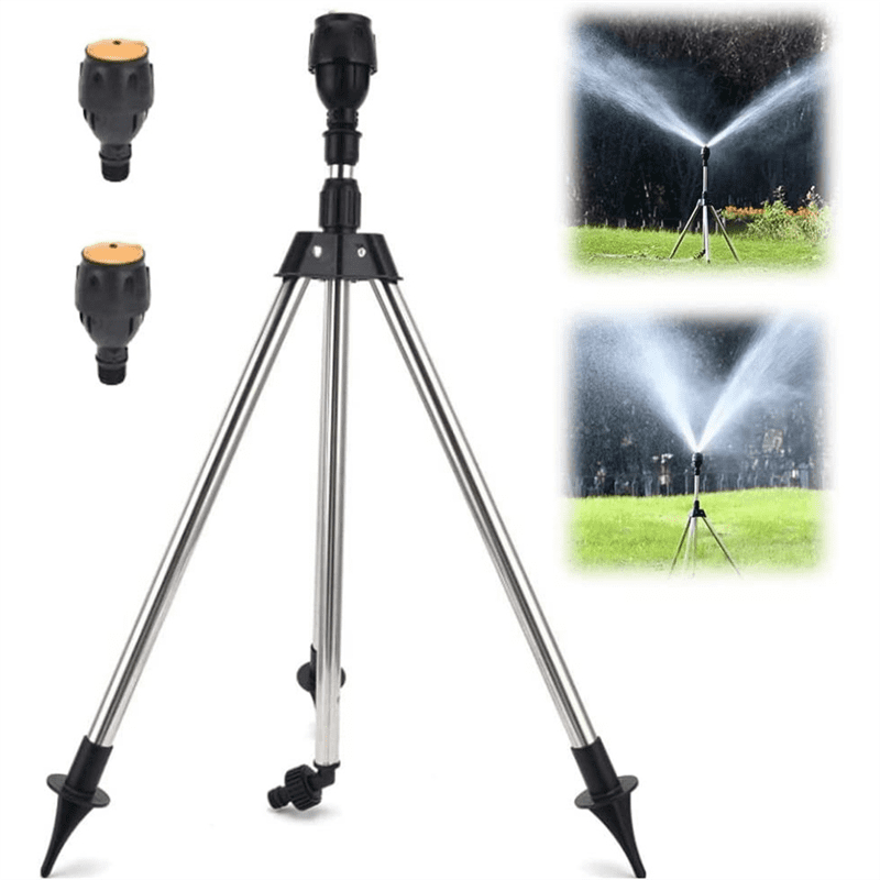 Telescopic Automatic Rotating Sprinkler Tripod Irrigation Artifact with One Sprinkler and Two Nozzles,1 x tripod 2 x Sprinkler head,Black