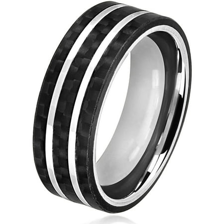Crucible Stainless Steel Carbon Fiber Silver Striped Comfort Fit Ring (8mm)