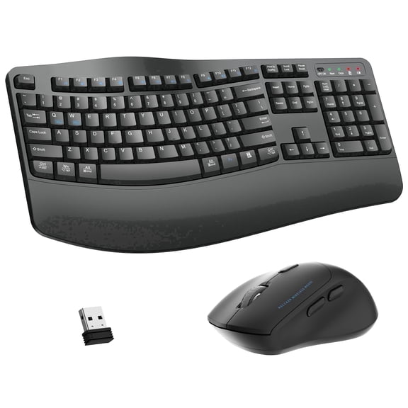 Wireless Keyboard and Mouse Combo, 2.4G Full Size Wave Keys Ergonomic Keyboard with Wrist Rest and 3-Level DPI Adjustable Wireless Ergonomic Mouse for Windows, Mac OS Desktop/Laptop/PC(Grey)