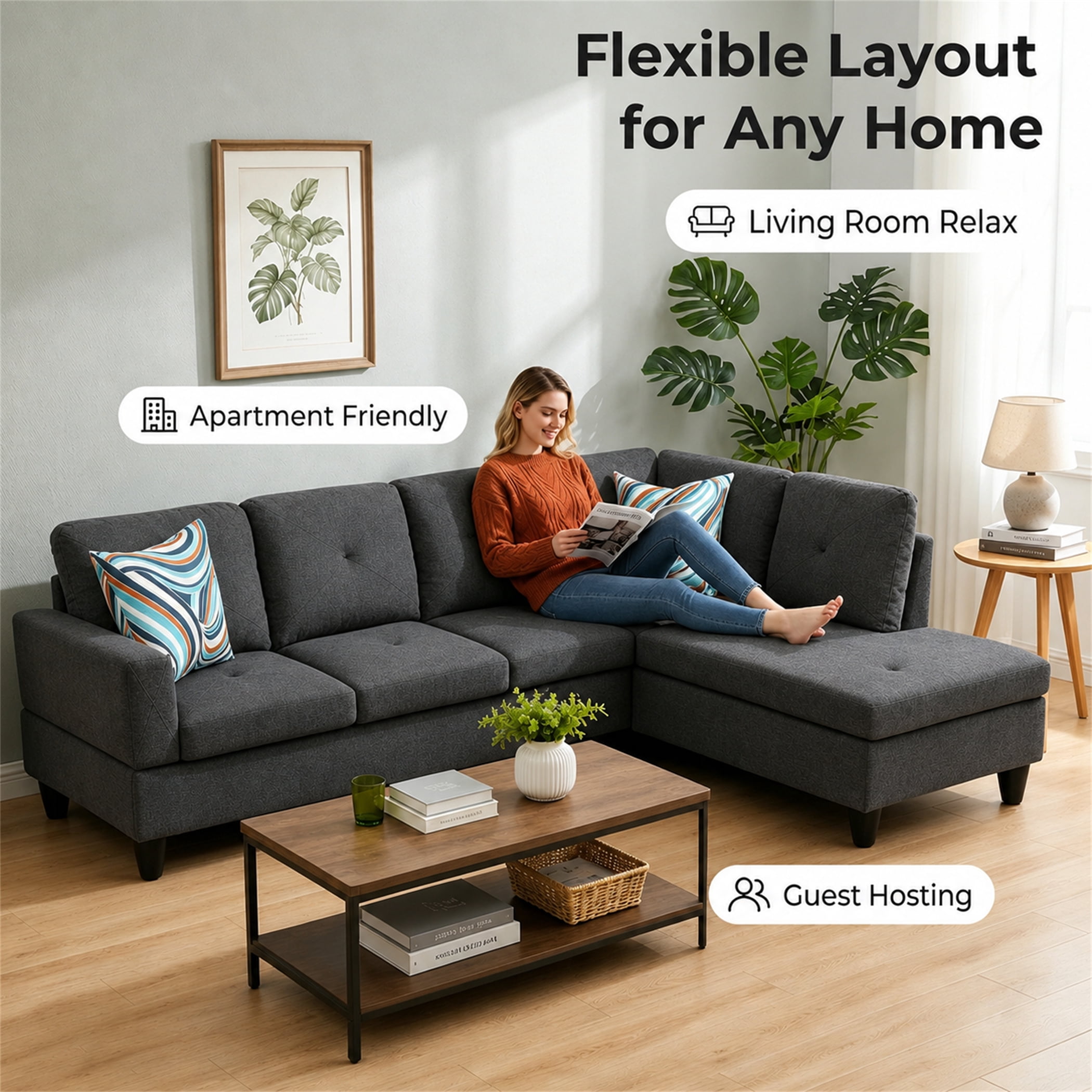 Aukfa 97" Classic Sectional Sofa 4 Seat L shape Couch for Living Room, 2Pillows, Oversized Right Chaise, Linen, Black Gray
