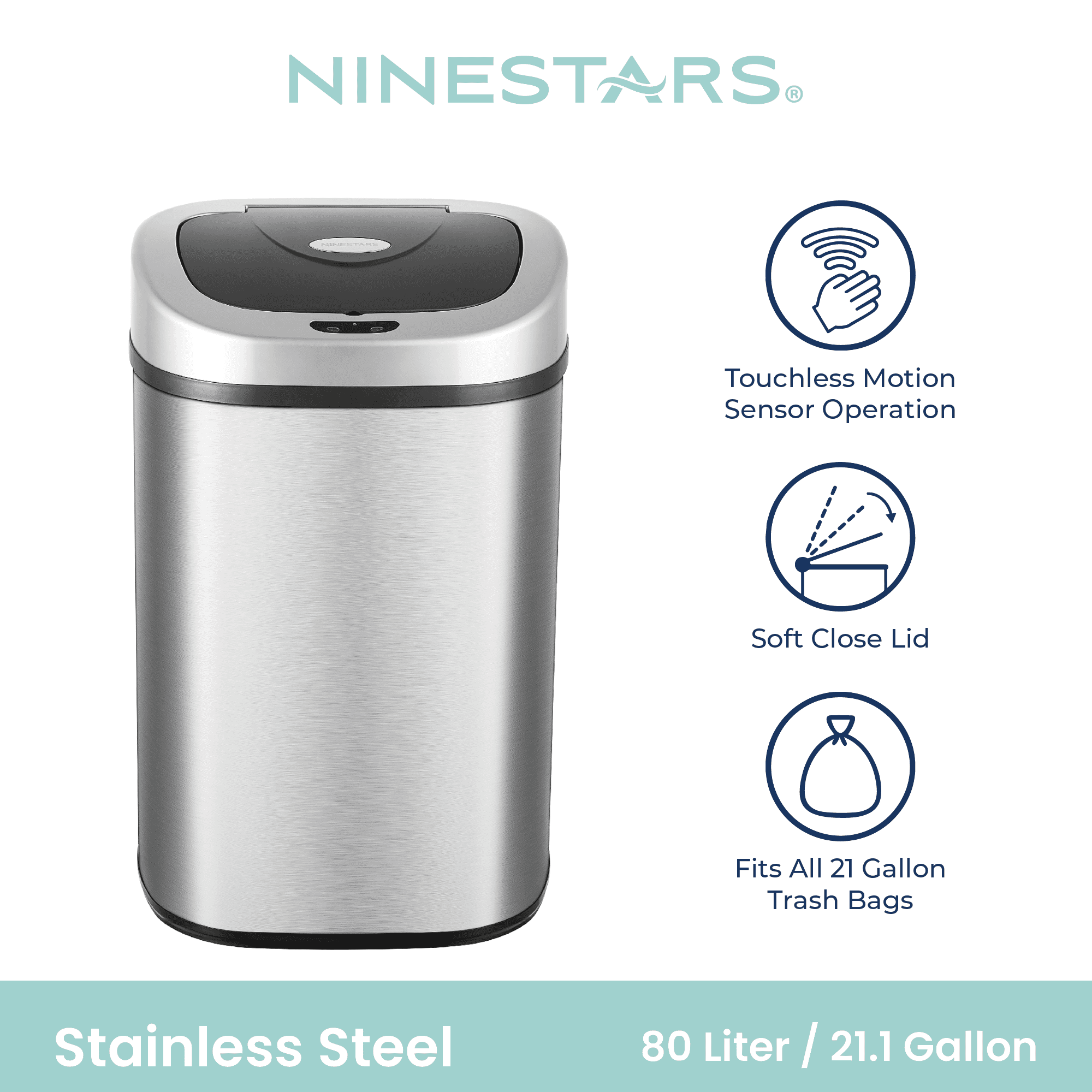 Nine Stars Automatic Kitchen Trash Can, 21 Gallon Stainless Steel, Motion Sensor Hands-free Soft-close Lid Garbage Bin, Silver Stainless Steel