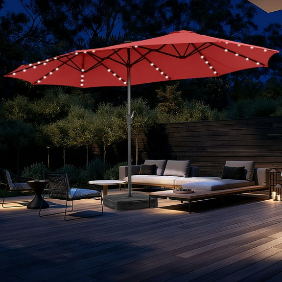 Autlaycil 15' Market Patio Umbrella and Matching Base with Crank System and 48 Solar Powered LED Lights for Outdoor, Market, Beach, Garden, Yard, Party, Red