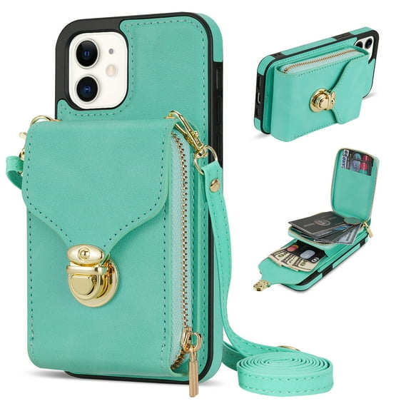 Nalacover Wallet Case for Apple iPhone 11,with Removable Adjustable Shoulder Strap,PU Leather Back Zipper Pocket Card Holder Stand Purse Shockproof Phone Case for Women Men,Mint