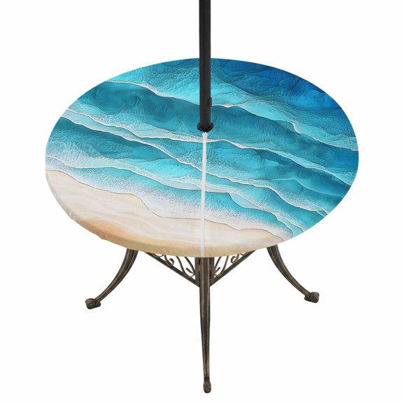 Round Outdoor Tablecloth with Umbrella Hole and Zipper, Teal Blue Beach Coastal Tablecloth with Elastic Waterproof, Summer Nautical Seaside Ocean Ombre Patio Table Covers for 55" - 60" Pool Tables