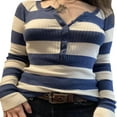 thumbnail image 1 of Women Autumn Knitted Tops Horizontal Striped Tie Button Slim Fit Contrast Color Undershirt Sweater Blue L, 1 of 7