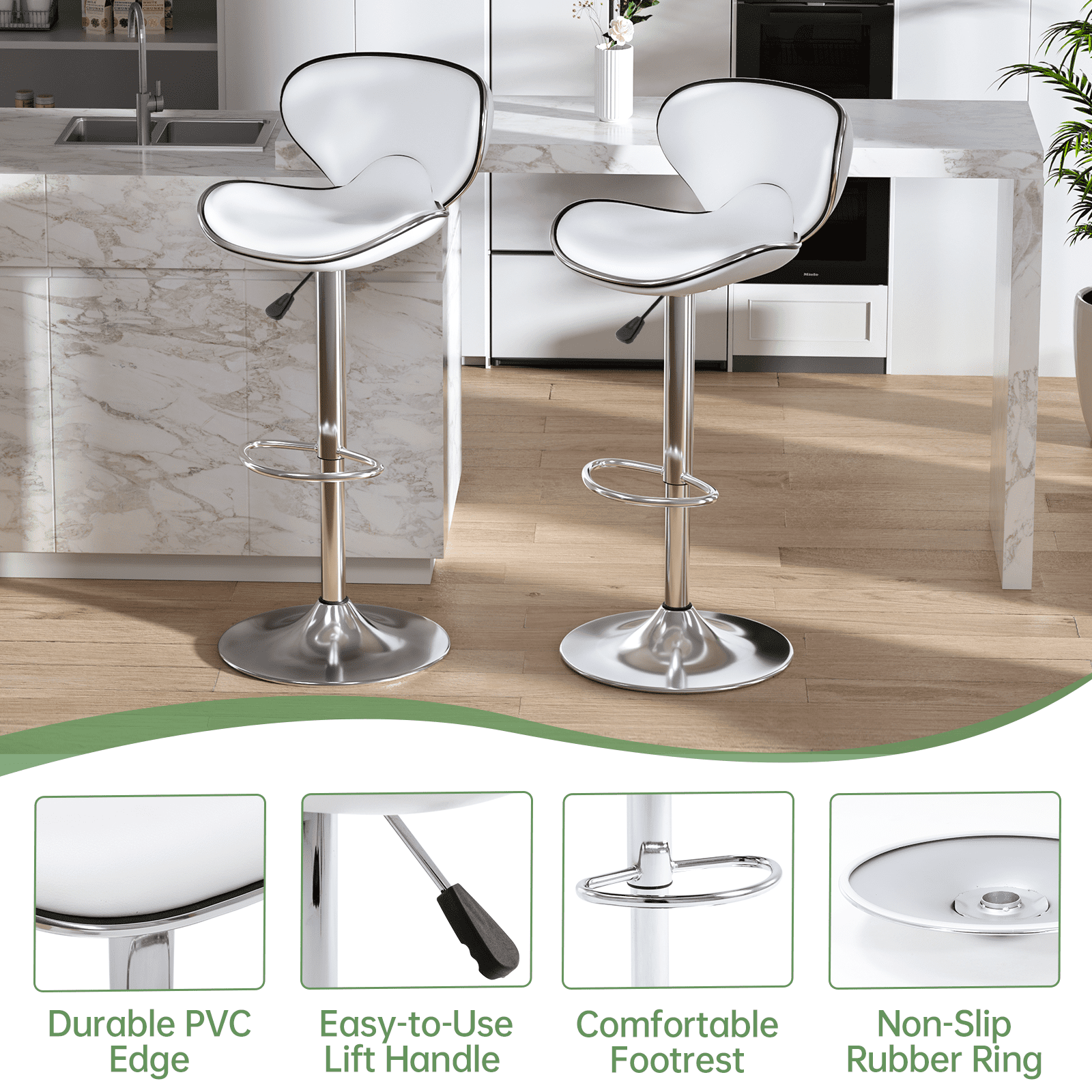 Bar Stools Set of 2, PU Leather Adjustable Swivel Bar Chairs for Kitchen Counter Island, Modern Armless Shell-Shaped Counter Height Stools for Dining Room Café Pub (White)