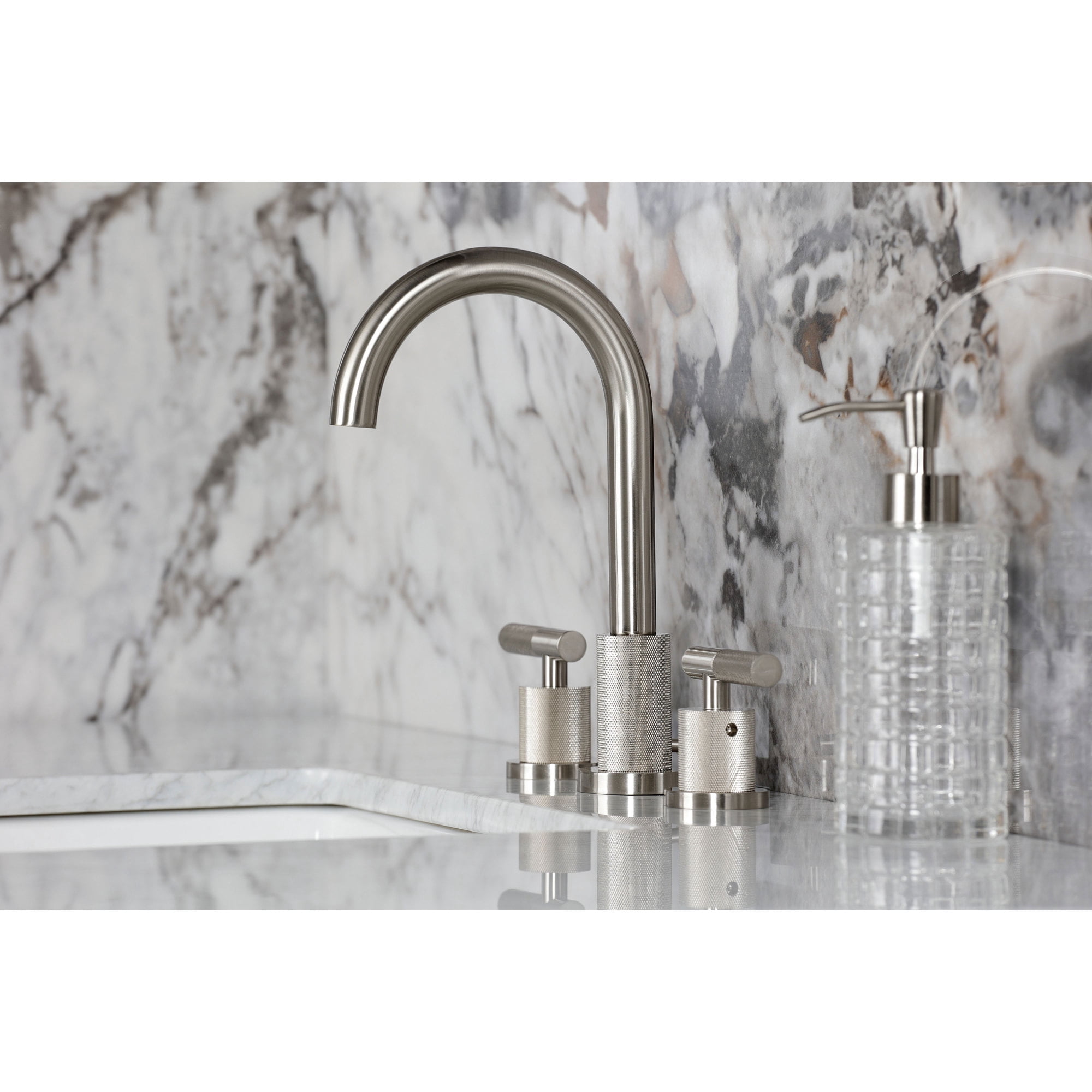 Kingston Brass FSC8928KNL Convergent Two-Handle 3-Hole Deck Mount Widespread Bathroom Faucet with Knurled Handle and Brass Pop-Up in Brushed Nickel