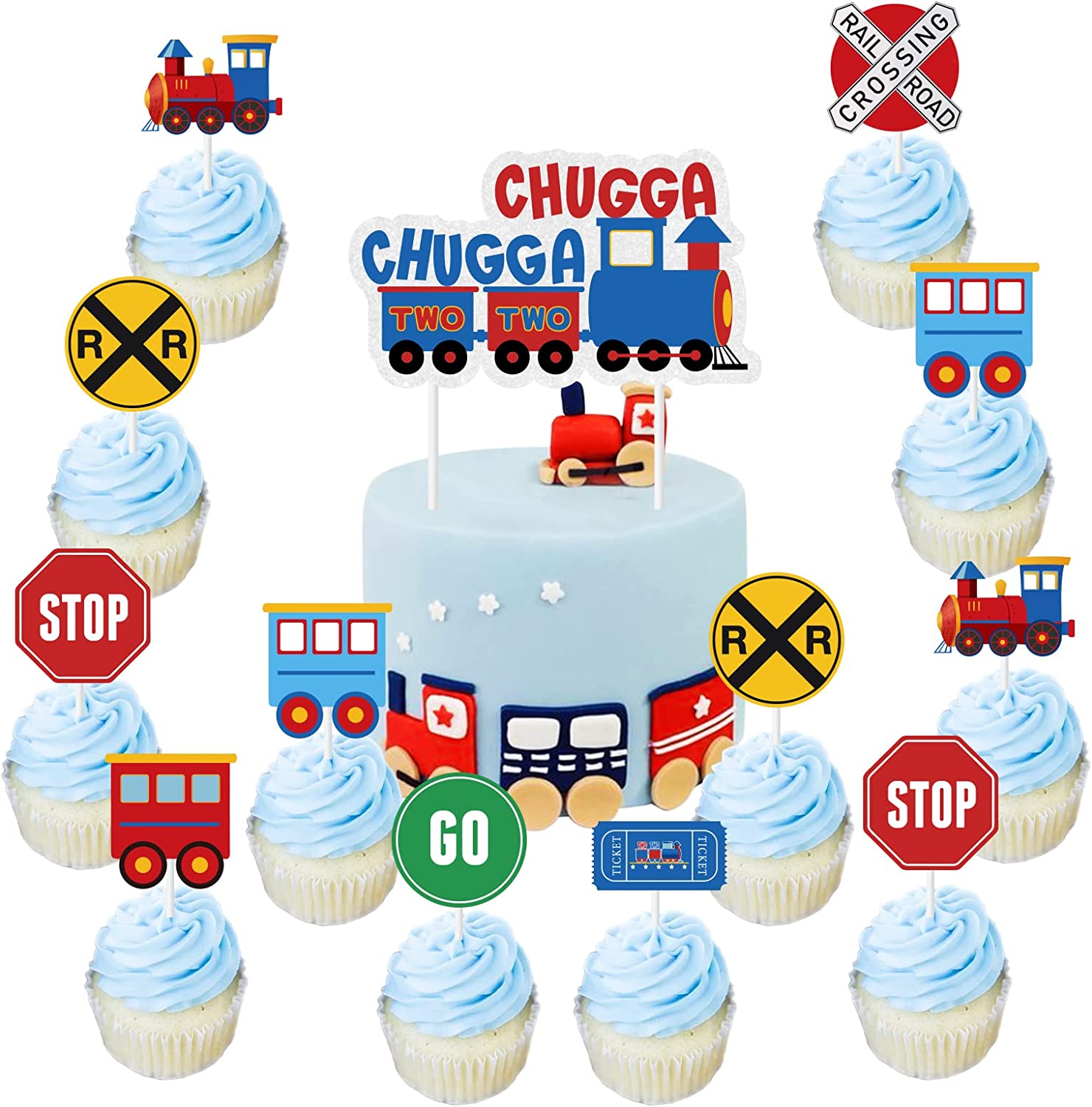 Train Cake Decorations Boys for 2nd Birthday - Chugga Chugga Two Two Cupcake  Cake Toppers, Choo Choo Im Two Party Supplies for Railway Steam Theme Party  