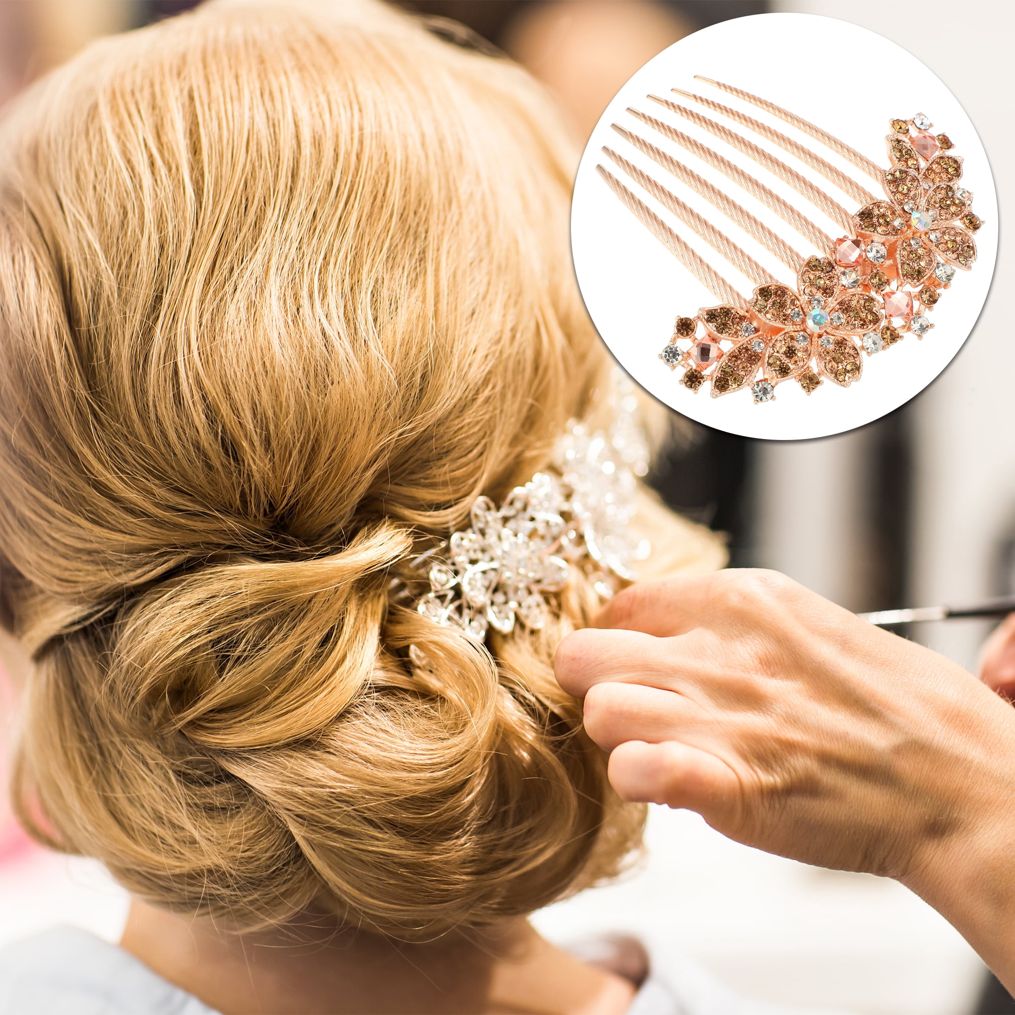 Unique Bargains Women Rhinestone Inlaid Flower Hair Comb Champagne