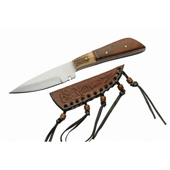 SZCO Supplies 4.75-Inch Fixed Blade Outdoor Knife with Bone/Wood Handle and Leather Sheath