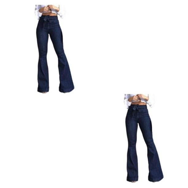 Minnieouse Pantalones vaqueros de pierna ancha para mujer, pantalones acampanados de cintura alta, pantalones vaqueros elásticos con tirantes de Azul METRO 2Conjunto