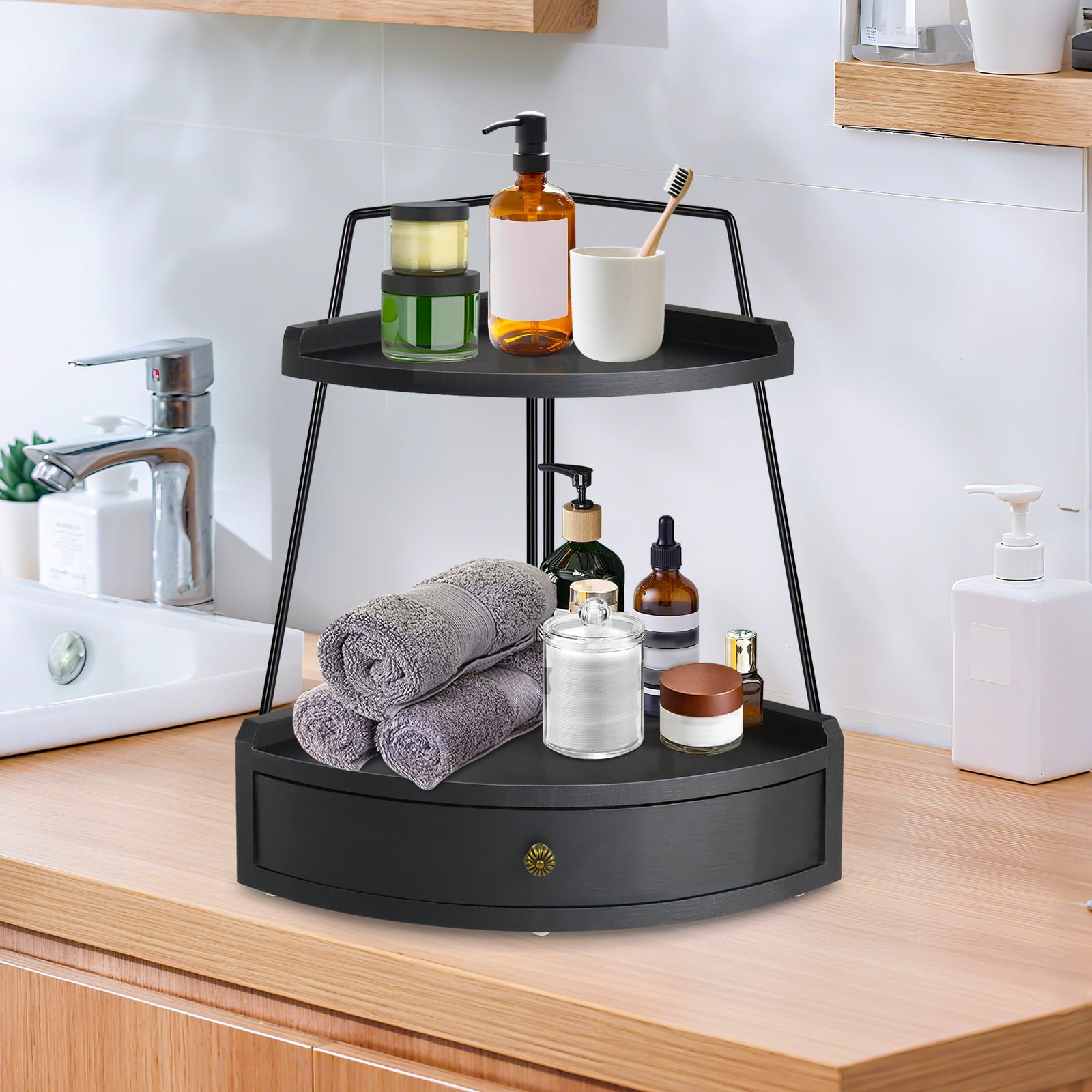 2 Tier Bathroom Counter Organizer, Wood Bathroom Organizer Countertop with Drawer, Corner Storage Shelf for Cosmetic Vanity Tray, Kitchen Spice Rack, Kitchen Organizer and Storage