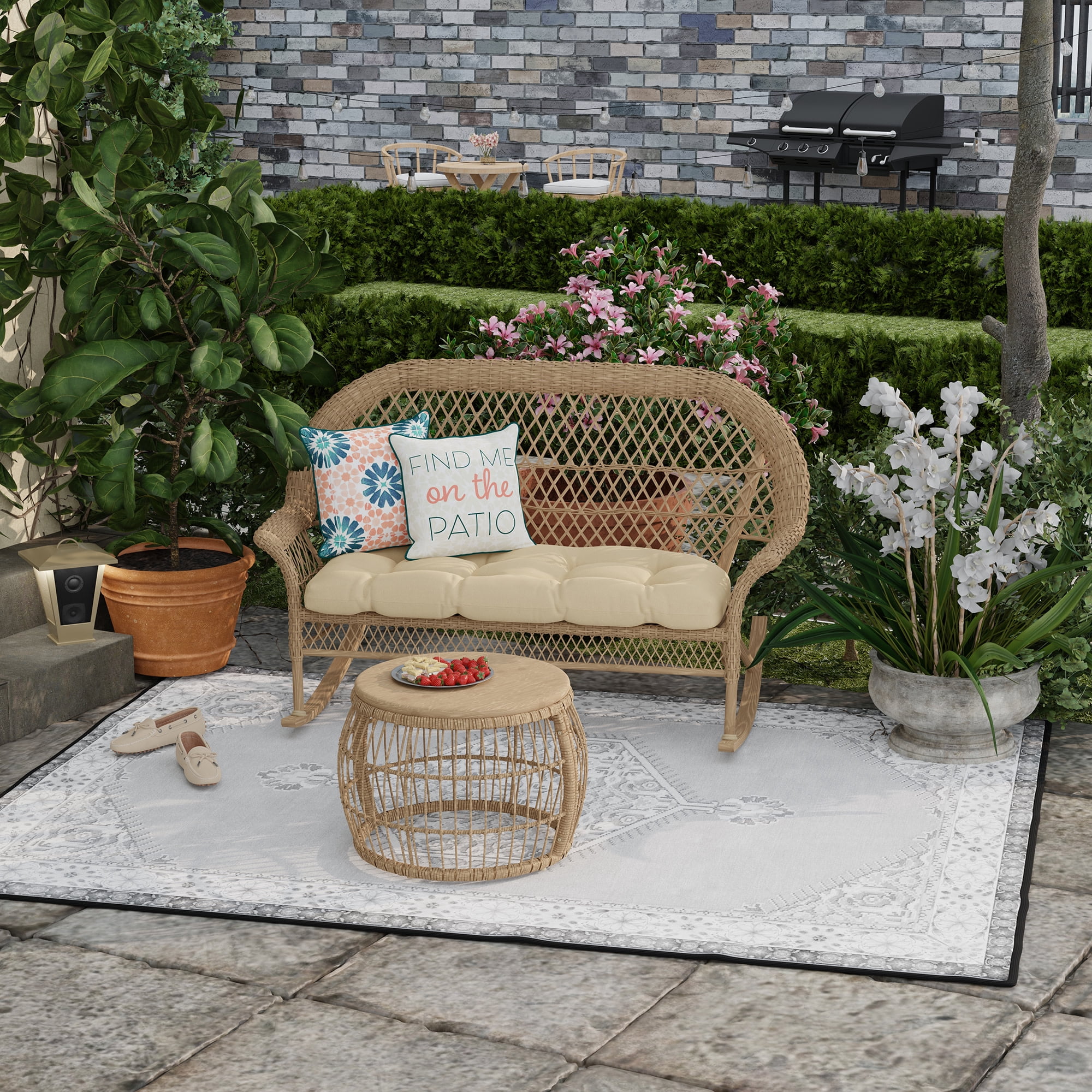 Jordan Manufacturing 16" x 16" Find Me on the Patio Natural Novelty and Multicolor Medallion Reversible Square Outdoor Throw Pillow with Welt (2 Pack)