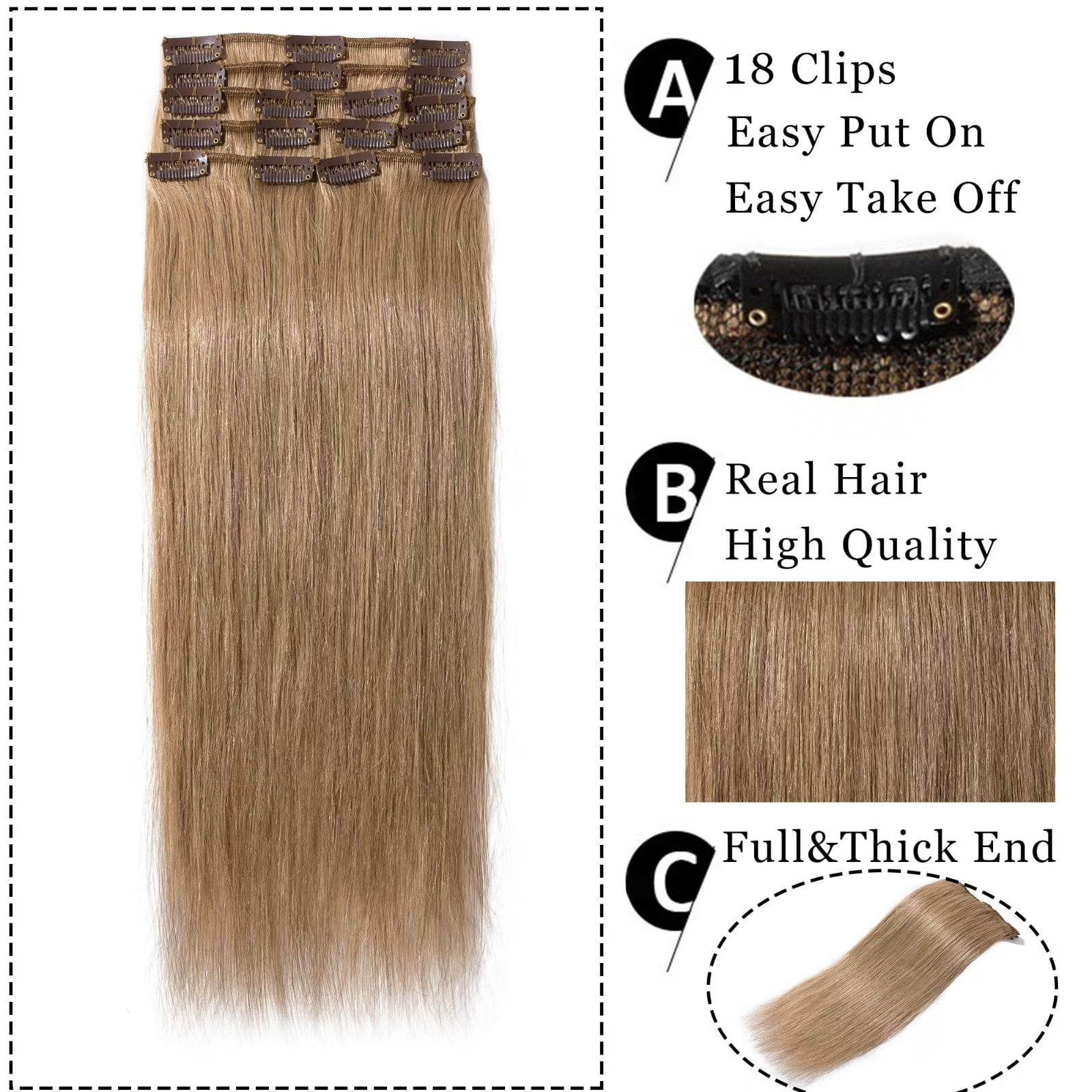 MY-LADY 8Pcs 18Clips Clip in Hair Extensions Human Hair for Women Double Weft Brazilian Remy Straight Human Hair Clip in Hairpiece 14inch #27 Dark Blonde