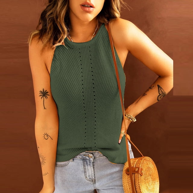 LSLJS Débardeur à Bretelles Spaghetti pour Femmes, Décontracté, Sans Manches, Col Halter, Blouse, Gilet