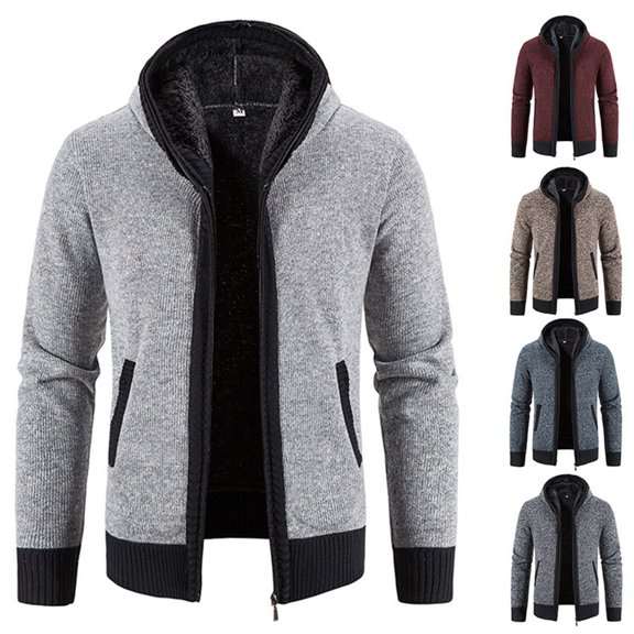 Men's Cardigan Knitting Leisure Hooded Fleece Lined Sweater for Fall Winter Outdoor Activities Christmas Gift,Blue,L