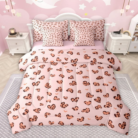 Feelyou Romantic Love Heart Twin Bedding Sets 7-Piece, Fashion Leopard Cheetah Print Bedding Comforter Set, Teens Kids Girls Women Reversible Sheet Sets, Ultra Soft Bedroom Decor