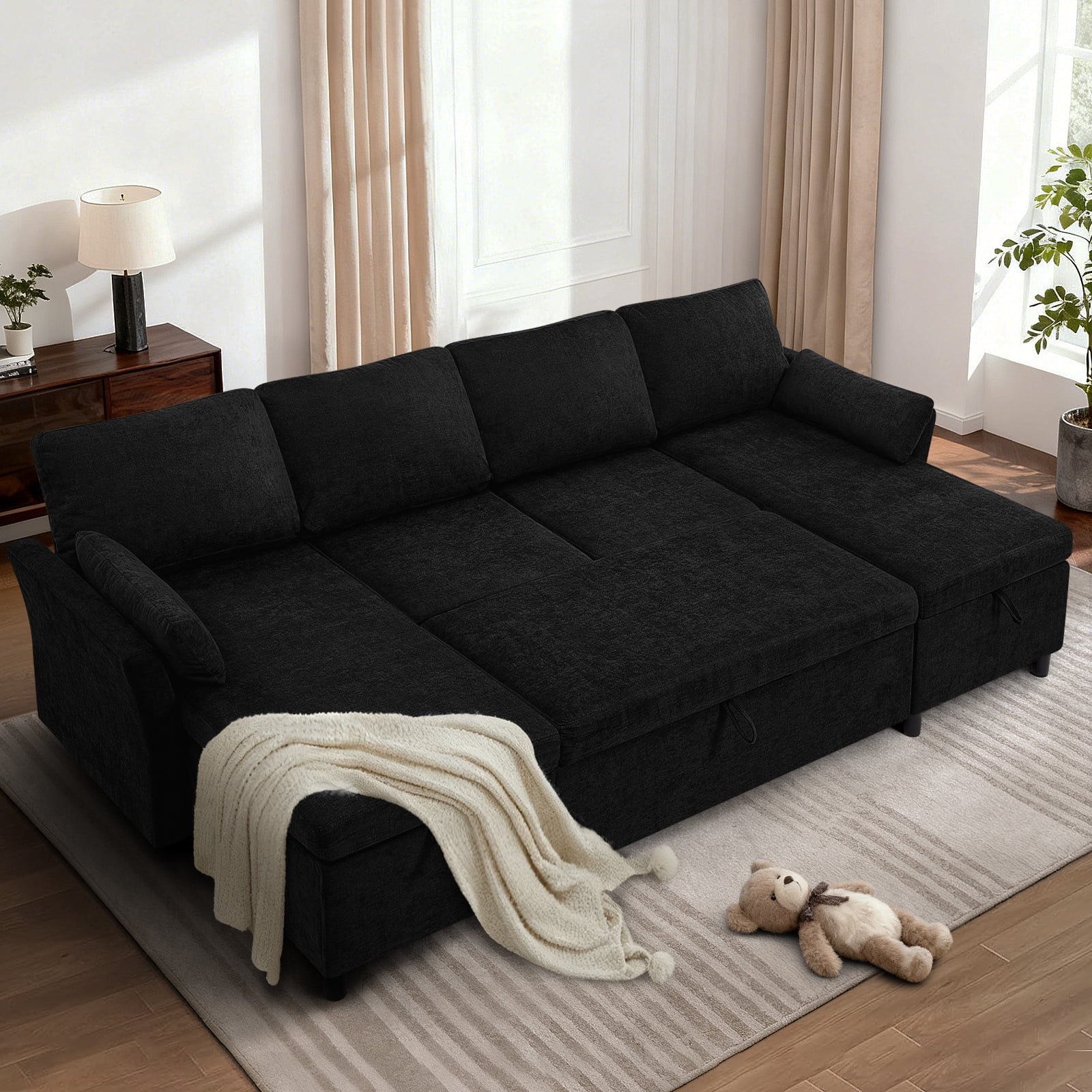 ACMEASE 107 Inches Fabric Sectional Sofa with Pull Out Sofa Bed, Modern U Shaped Sofa with Throw Pillows, Comfortable Sleeper Couch with Storage Chaise for Living Room, Black
