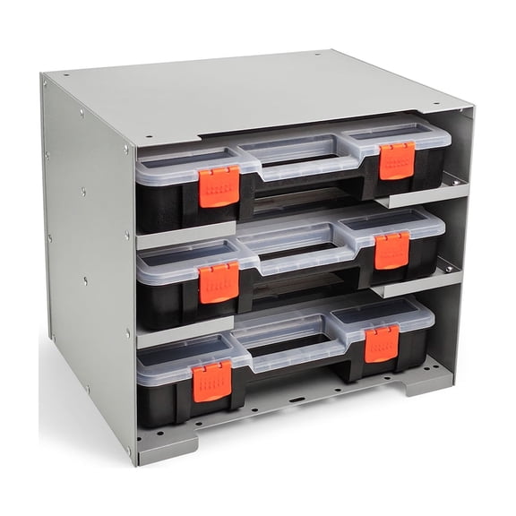 AA Products Inc. P-SH-Tote Shelf Kit for Van Shelving Storage, 3 Plastic Storage Box w/ 1 Set Organizer Holder for Small Parts, Screws and Hardwares