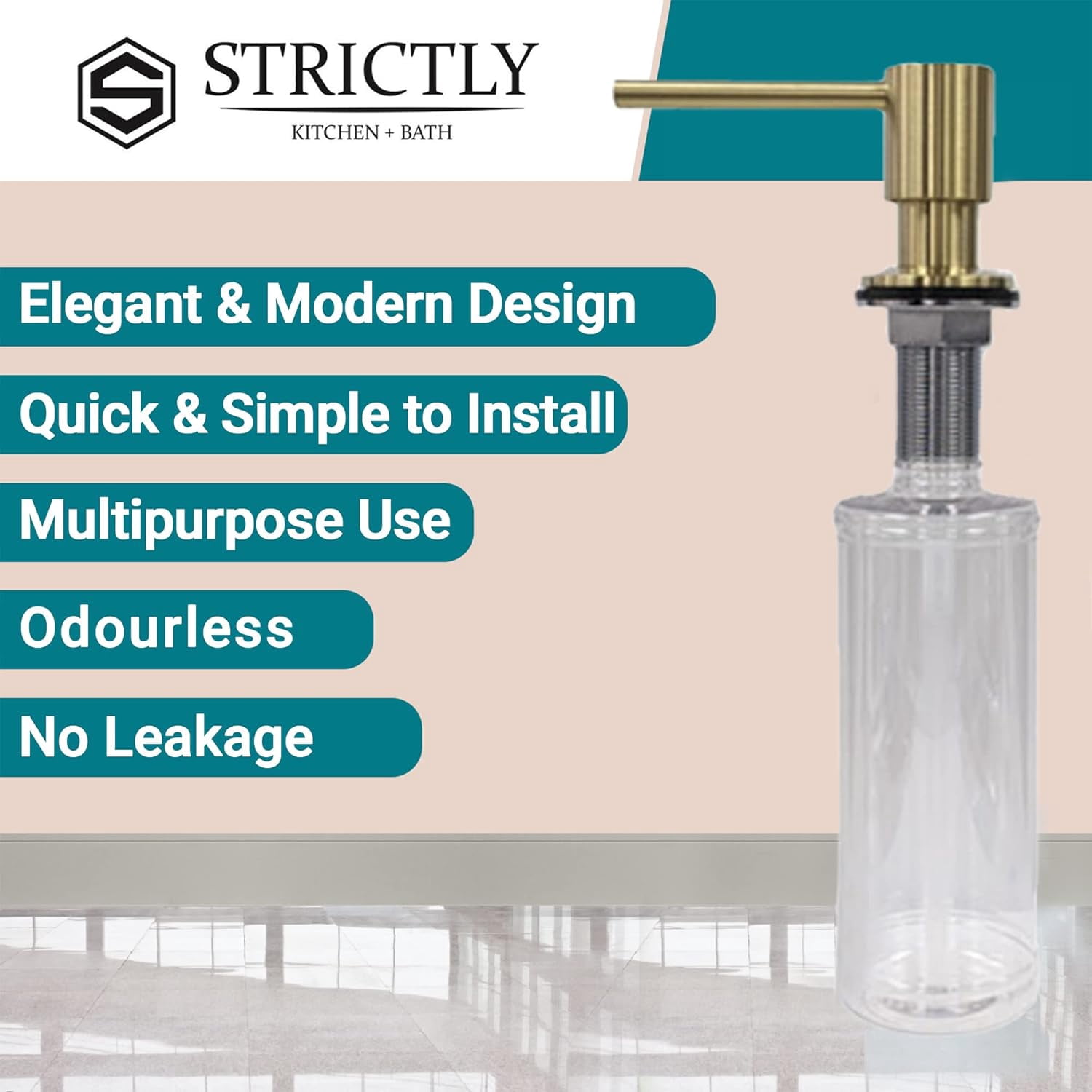 Strictly Sinks Contemporary Liquid Soap Dispenser - Stainless Steel Dish Soap Dispenser, Refillable Kitchen Soap Dispenser for Kitchen Sink, Soap Dispenser Bottle with Stainless Steel Pump