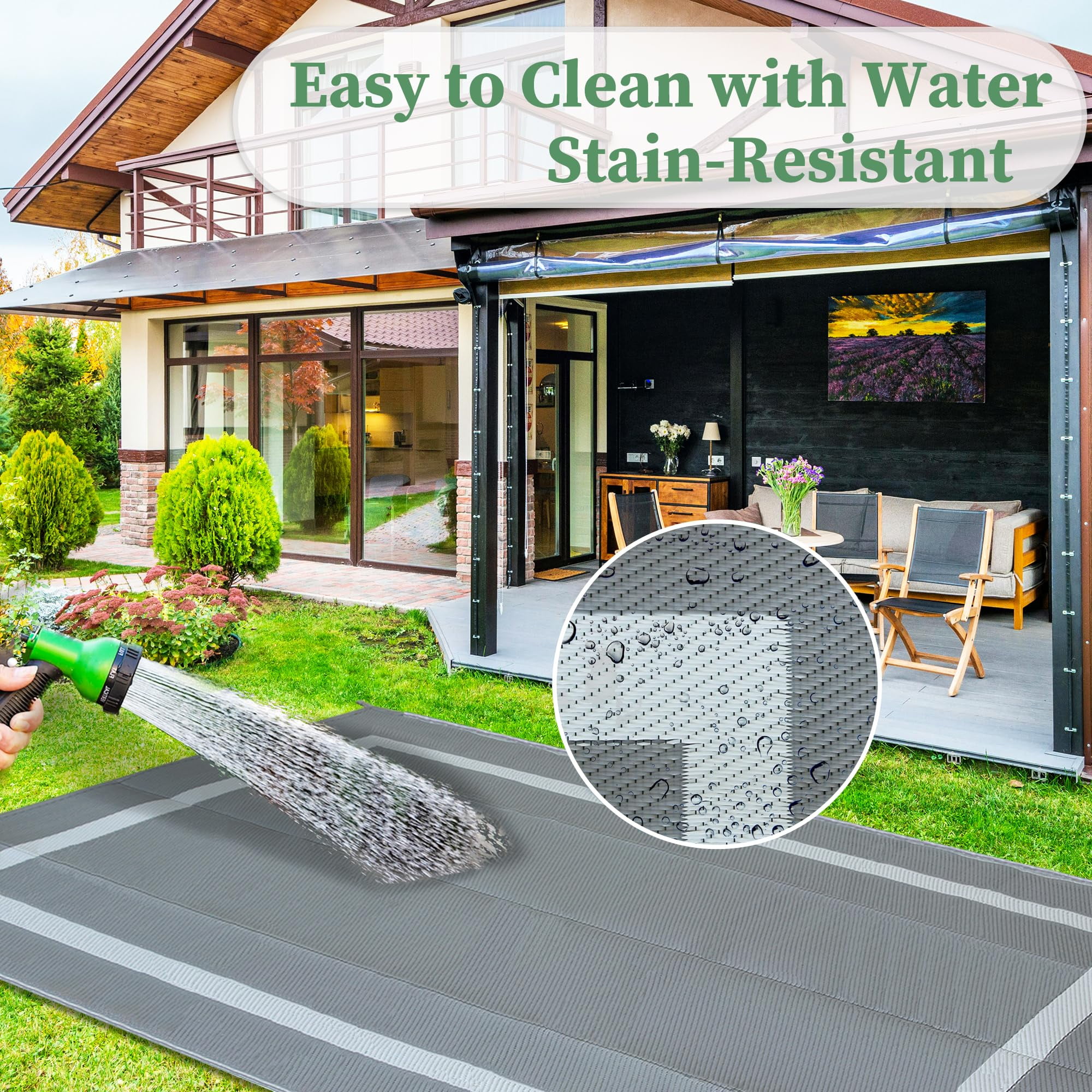 Bibana 9ft x 12ft Outdoor Rug, Reversible Waterproof Plastic Straw Mat for Patio, Deck, RV, Porch, Balcony & Backyard, Indoor/Outdoor Floor Carpet (Gray)
